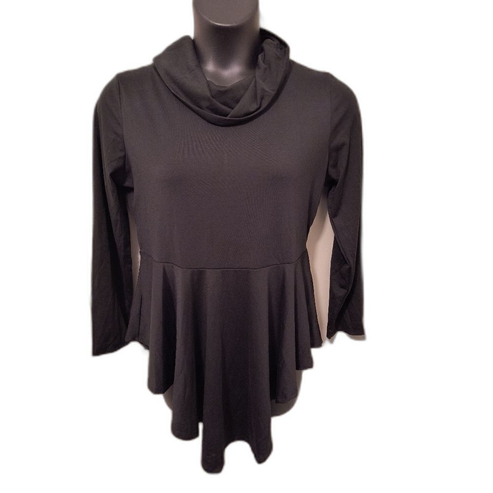 Black Cowl Neck Thin Sweater Plus Size Peplum Long Sleeve V Cut - Picture 2 of 6